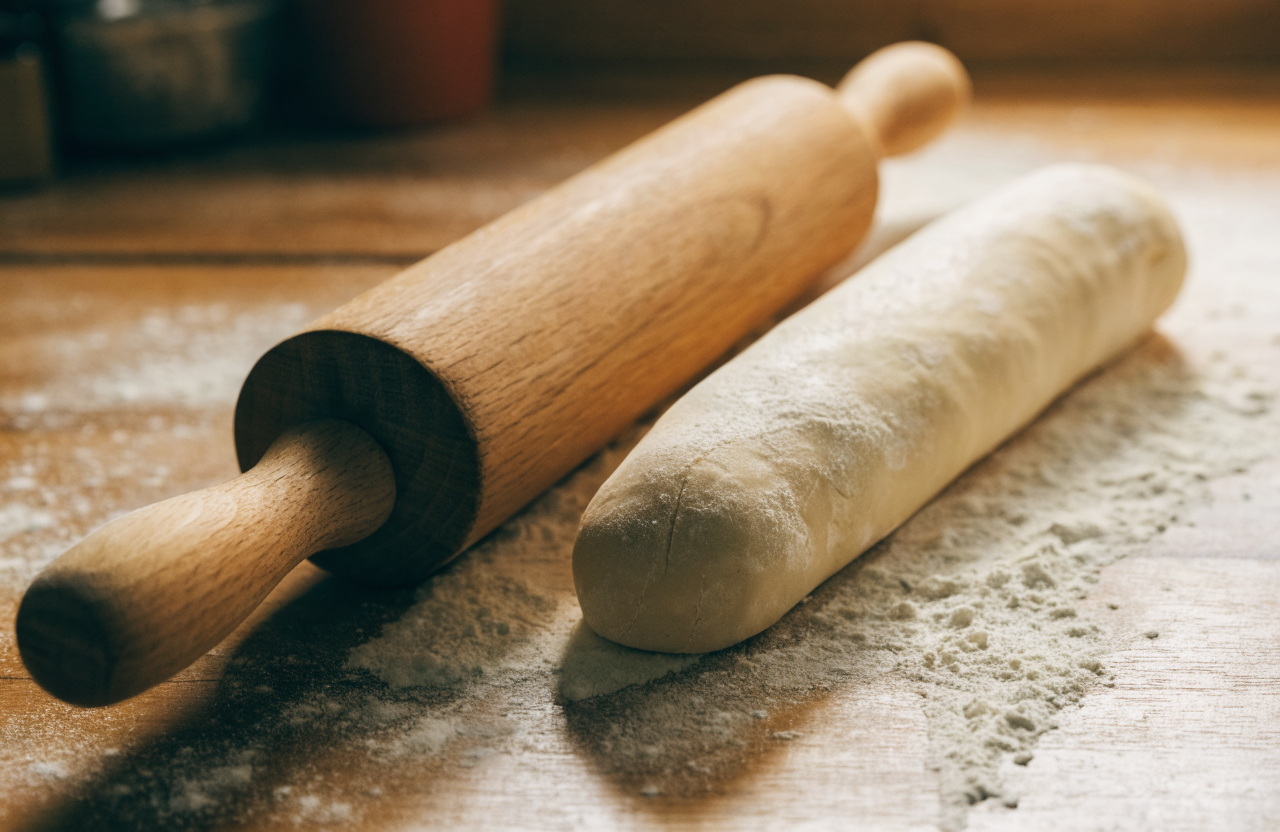 Rolled pastry dough and a tapered wooden French rolling pin on a floured counter