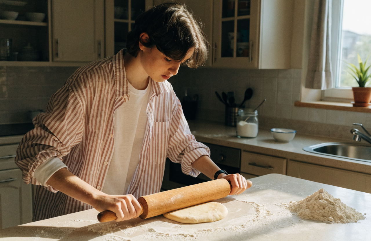 A teenager rolling out dough in a home kitchen